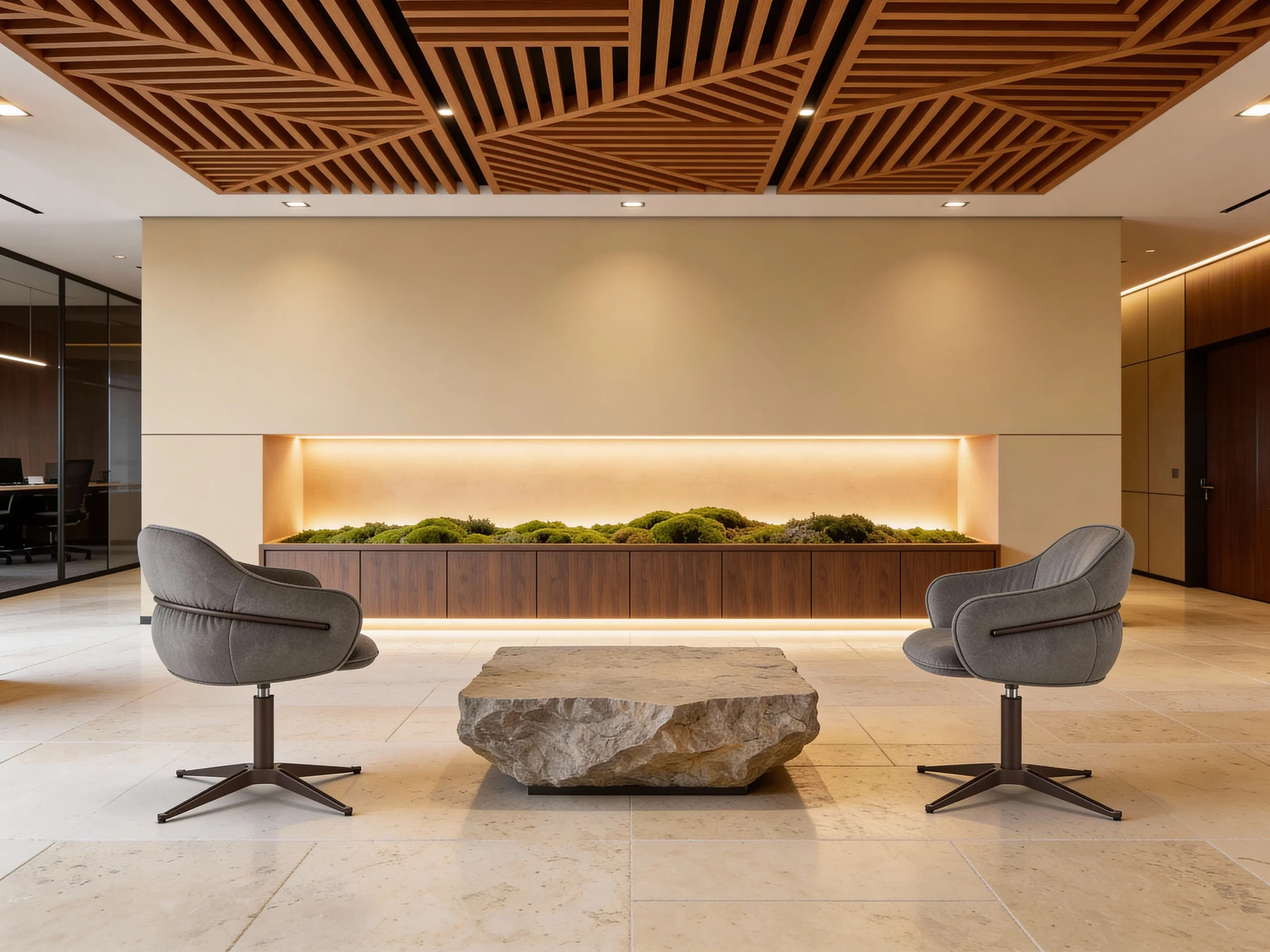 Luksusowa strefa lounge z kamiennym stolikiem kawowym i szarymi fotelami obrotowymi. W tle podświetlany ogród wertykalny z mchu chrobotka w drewnianej zabudowie – nowoczesny biophilic design.